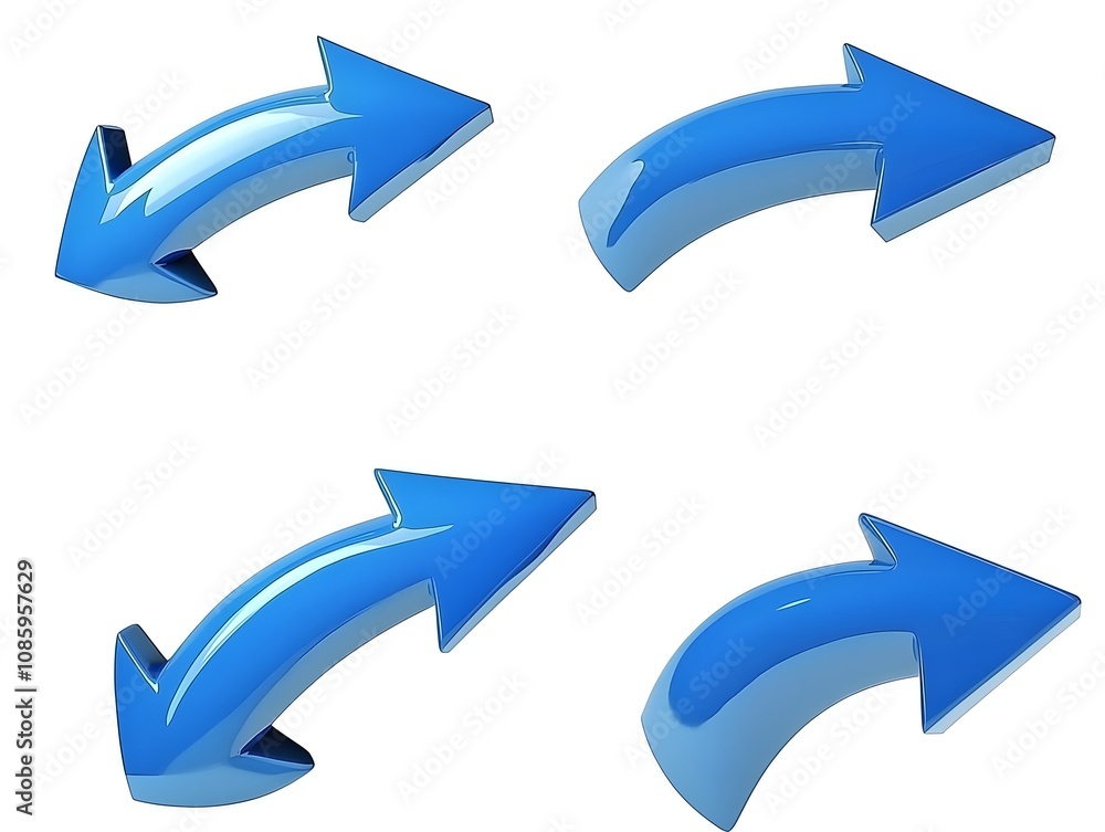 Collection of Four Distinct Blue Arrow Icons Representing Direction Indicating Movement and Navigation in Various Contexts of Design and Communication Collection of Four Distinct Blue Arrow Icons Representing Direction Indicating Movement and Navigation in Various Contexts of Design and Communication