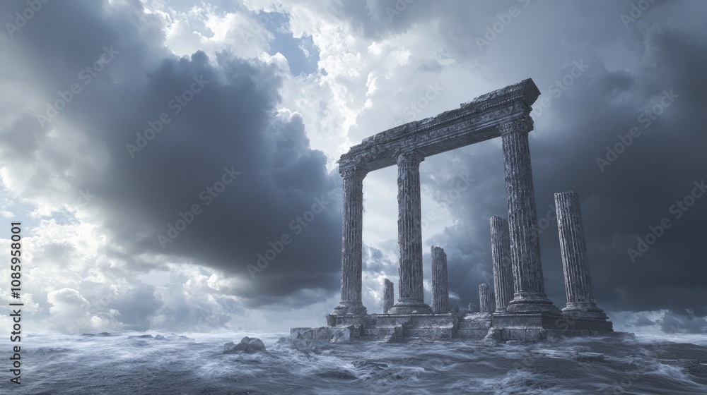 Naklejka premium Resilient Roman Temple: Ancient Architecture Amidst Nature's Fury