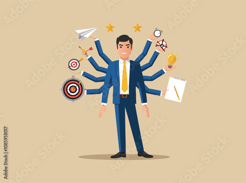 multitasking businessman vector illustration for productivity and time management.
