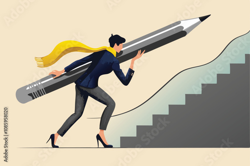 businesswoman climbing stairs with pencil vector illustration for creativity and success.