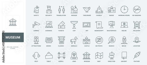 Classic pillar, sculpture and painting, book and jewel, museum staff badge thin black outline symbols vector illustration. Museum ancient exhibit and service for tourist visit line icons set.