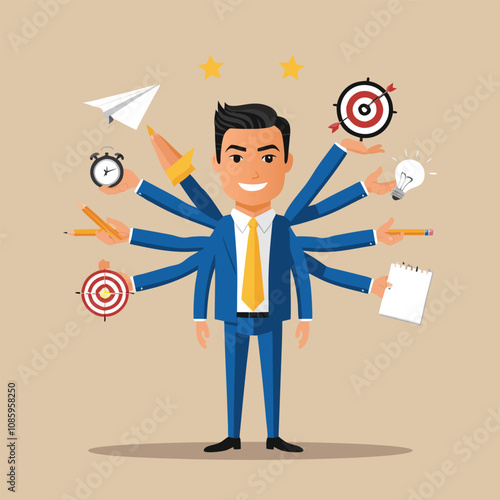 multitasking businessman vector illustration for productivity and time management.