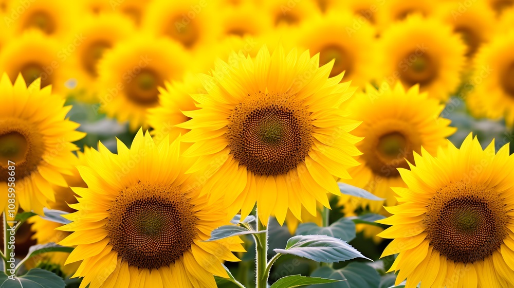 Close-up of vibrant yellow sunflowers in a blooming sunflower field, focusing on intricate details of the petals and seeds Close-up of vibrant yellow sunflowers in a blooming sunflower field, focusing on intricate details of the petals and seeds