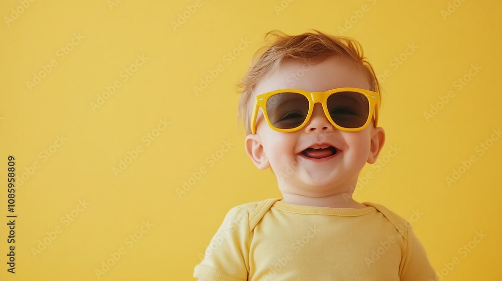 A cheerful baby wearing yellow sunglasses against a bright yellow background. A cheerful baby wearing yellow sunglasses against a bright yellow background.