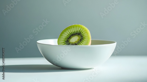 A single bowl with a perfectly peeled kiwi placed on a plain white table highlighting simplicity and freshness. photo