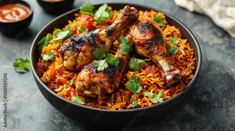Grilled chicken drumsticks with spicy rice and fresh herbs Grilled chicken drumsticks with spicy rice and fresh herbs