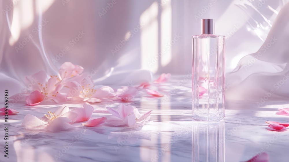 A bottle of perfume is on a table next to some pink flowers A bottle of perfume is on a table next to some pink flowers