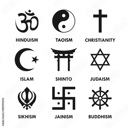 Religious symbols icon collection. Set of different religion culture sign on white background vector illustration