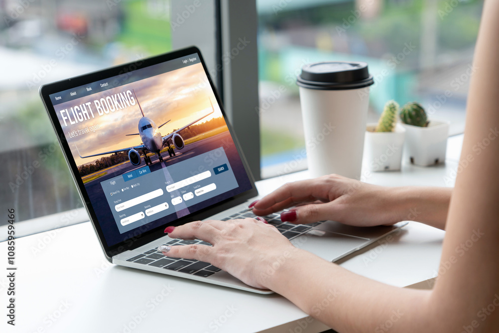 Online flight booking website provide modish reservation system . Travel technology concept . Online flight booking website provide modish reservation system . Travel technology concept .