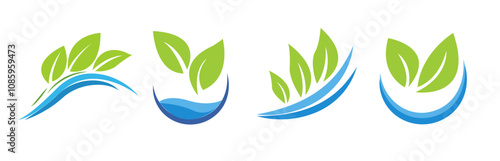 Set green leaves water-themed logo icons, depicted with flowing, dynamic lines and abstract shapes. graphic style on a white background. The concept represents hydroponics, gardening, and nature. photo