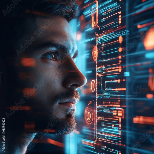 Close up of a man gazes intently at a digital screen, with glowing graphics reflected on his face