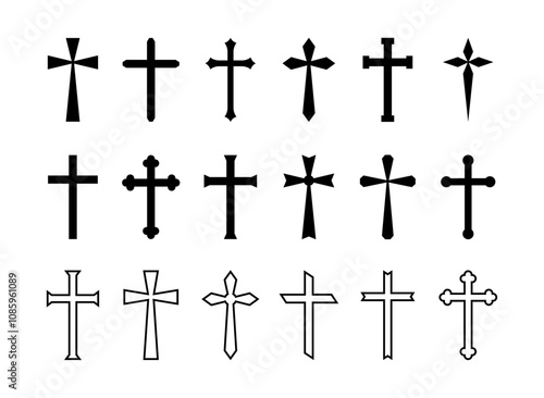 Christian cross flat outline style icons collection