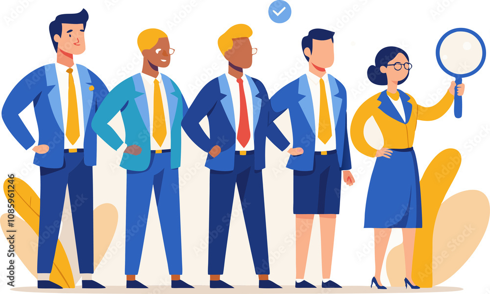 diverse business team recruitment vector illustration with magnifying glass for hiring and talent acquisition. diverse business team recruitment vector illustration with magnifying glass for hiring and talent acquisition.