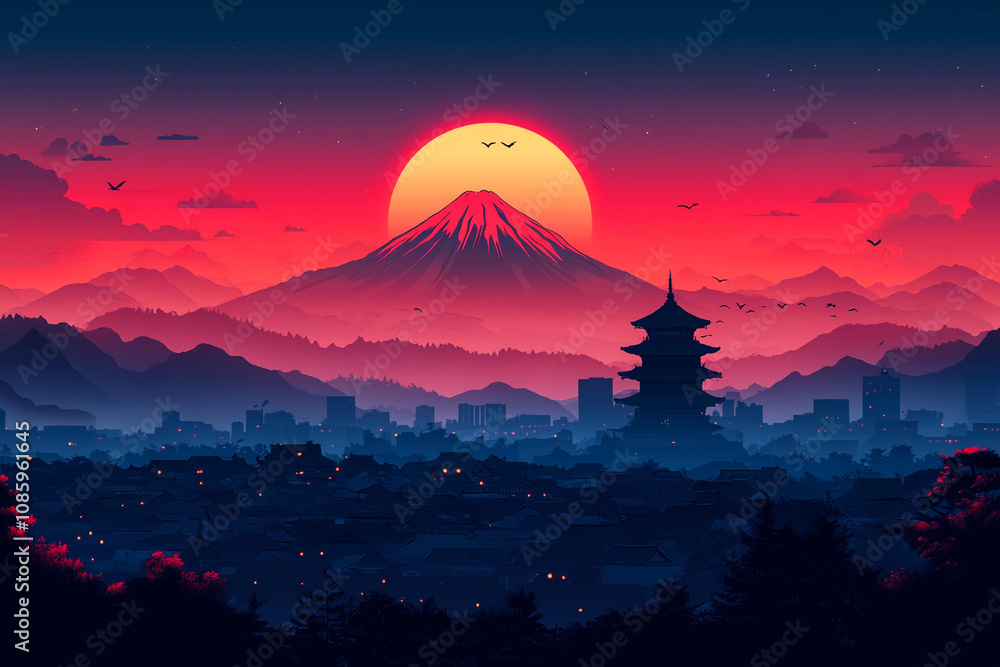 Obraz premium Serene Sunset Over Japanese Cityscape With Mount Fuji