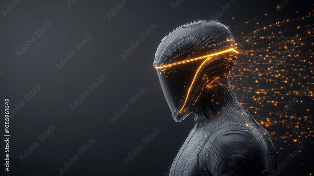 Fototapeta premium A man in a futuristic suit with a glowing helmet and a glowing head