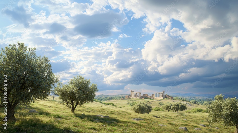 Eternal Beauty of the Roman Countryside - 3D Render with Olive Trees, Ancient Ruins, and Dramatic Clouds under Ultra-Detailed Light Eternal Beauty of the Roman Countryside - 3D Render with Olive Trees, Ancient Ruins, and Dramatic Clouds under Ultra-Detailed Light