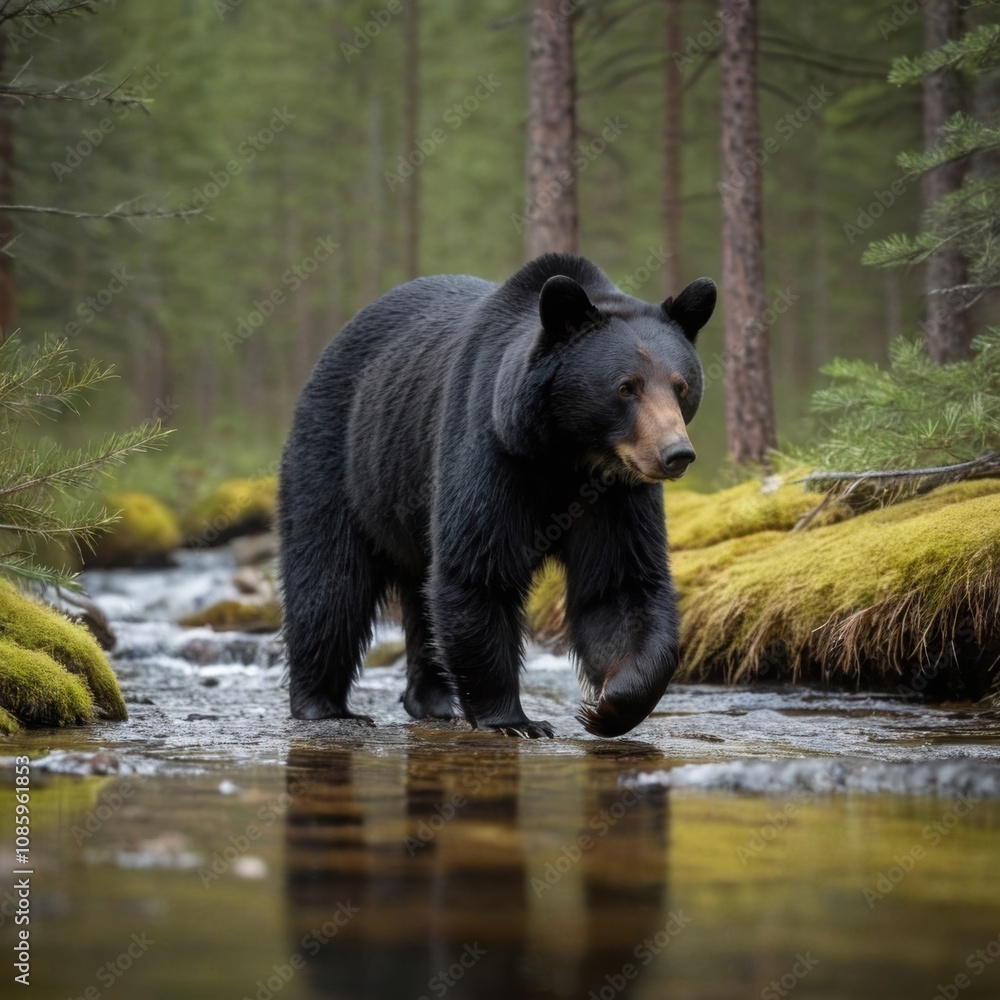 A black bear foraging near a crystal-clear stream in a pine. A black bear foraging near a crystal-clear stream in a pine.