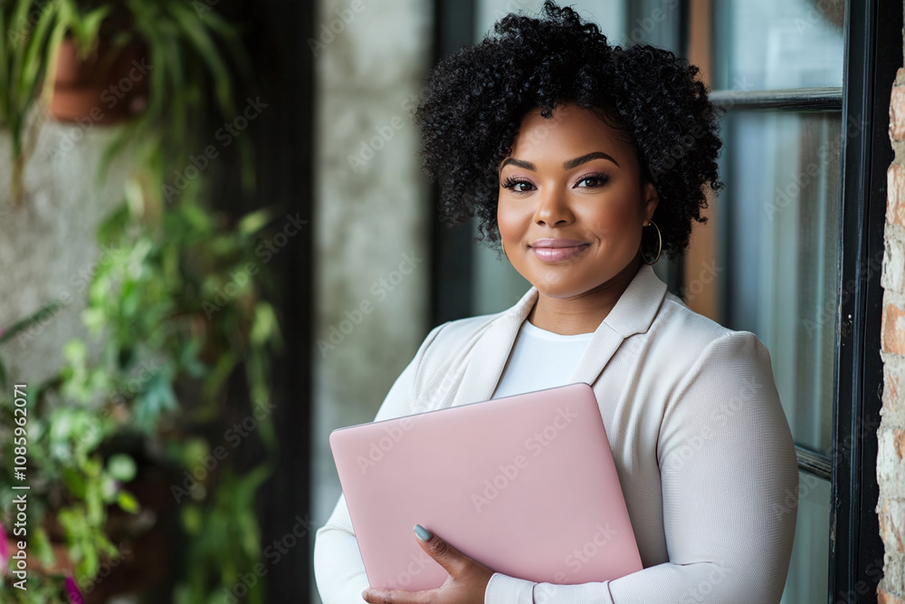 A confident plus-size businesswoman holding her pink laptop, standing with a smile. A confident plus-size businesswoman holding her pink laptop, standing with a smile.