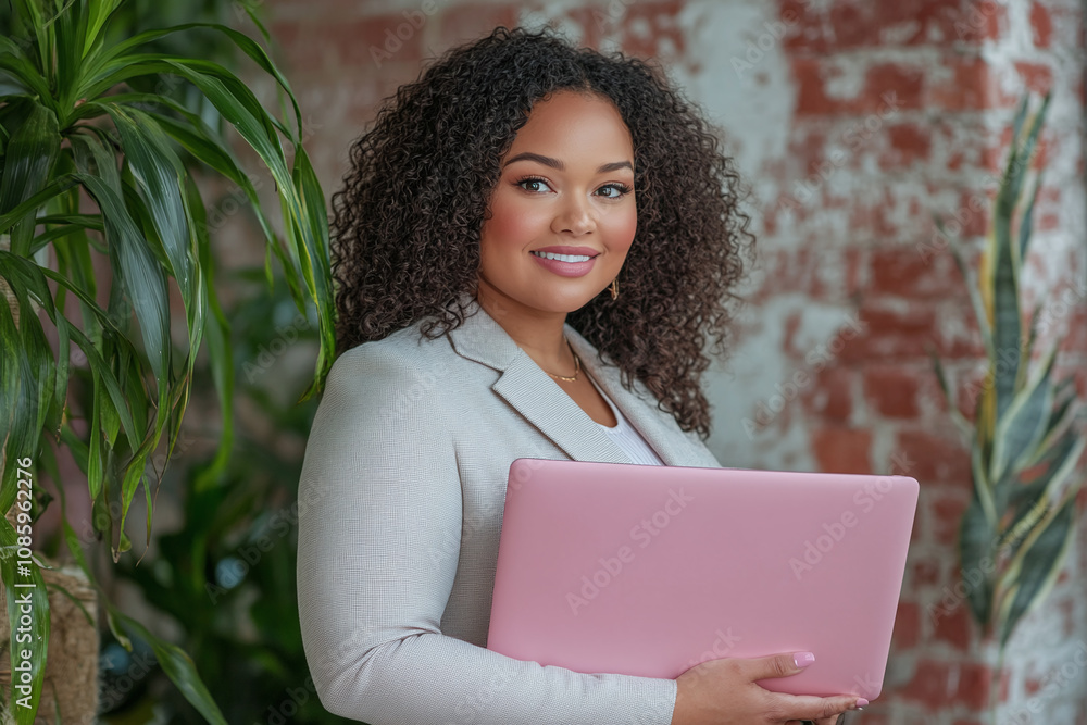 A confident plus-size businesswoman holding her pink laptop, standing with a smile. A confident plus-size businesswoman holding her pink laptop, standing with a smile.