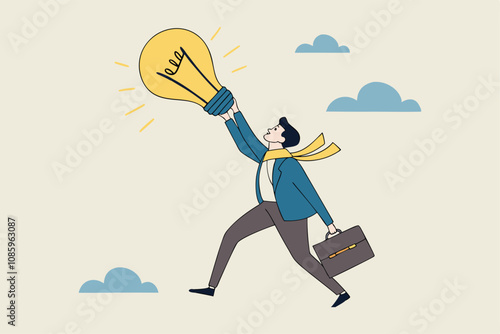 big idea for solving business problems: innovation and growth with a smart manager holding a floating light bulb balloon.