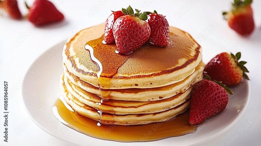 Stack of pancakes with strawberries and syrup. Stack of pancakes with strawberries and syrup.