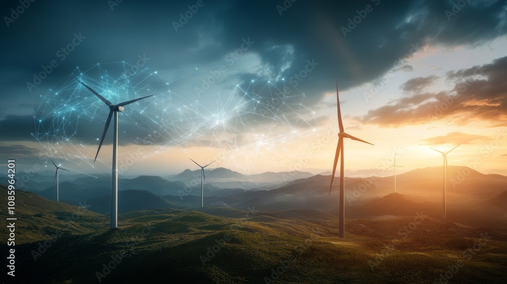Obraz premium The turbines are lit up with neon lights, giving the scene a futuristic