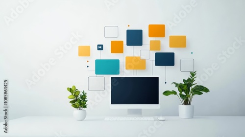 A computer monitor sits on a desk with a potted plant in front of it