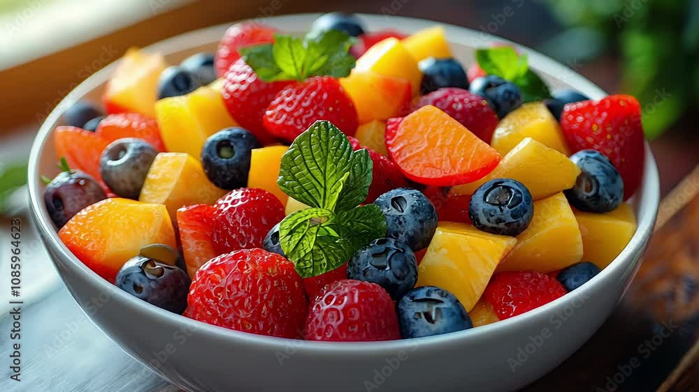 Bowl of fruit salad with peaches raspberries and blueberries, generative ai Bowl of fruit salad with peaches raspberries and blueberries, generative ai