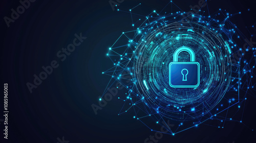 Abstract Digital Security Concept Featuring a Padlock Icon on a Blue Binary Code Background, Symbolizing the Futuristic Cyber Web of Virtual Shield and Protection. This Image Highlights the Importance