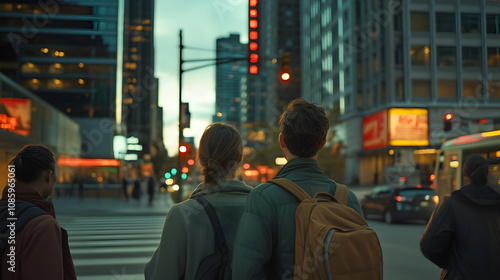 People waiting at a crosswalk under tall buildings with neon signs and traffic lights illuminating the street.