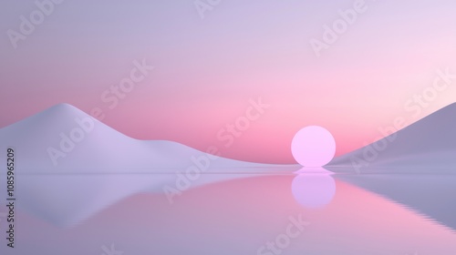 A pink and purple sky with a large ball in the middle of the water