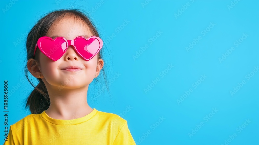 Child in heart-shaped sunglasses against blue background Child in heart-shaped sunglasses against blue background