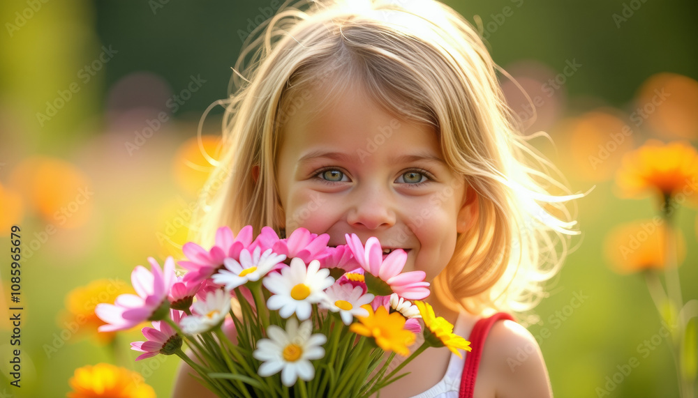 Smiling Girl with Flowers in a Sunny Garden Smiling Girl with Flowers in a Sunny Garden