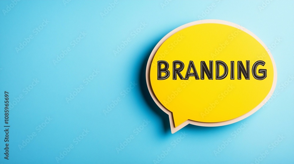 Creative branding concept with yellow speech bubble on blue background Creative branding concept with yellow speech bubble on blue background