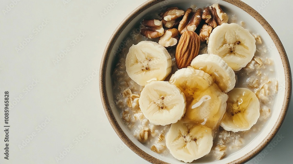 Oatmeal bowl with bananas, nuts, and honey. Oatmeal bowl with bananas, nuts, and honey.