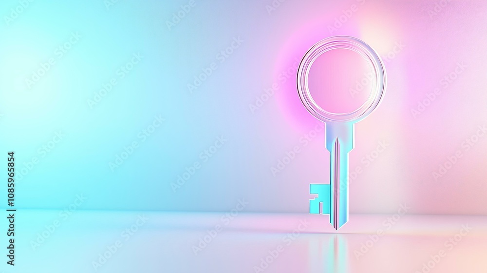 Futuristic neon key against pastel background - symbol of innovation and security Futuristic neon key against pastel background - symbol of innovation and security