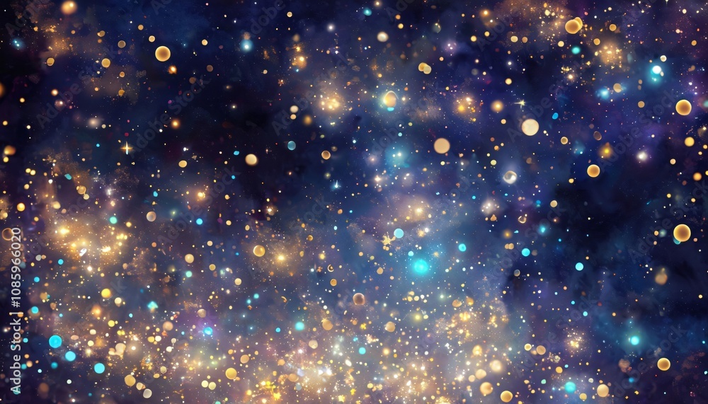 Fototapeta premium Bokeh, fairy lights, string lights, twinkle lights, golden glow, night sky, dark blue background, ambient lighting, festive lights, holiday decoration, warm lights, light pattern, illumination, magic 