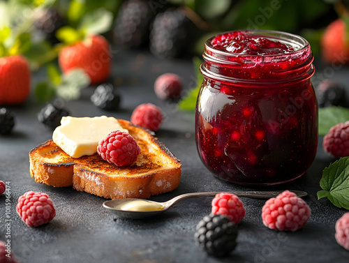 Toast with butter and berry jam.