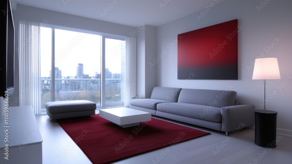 Fototapeta premium A living room with a large red rug and a white coffee table