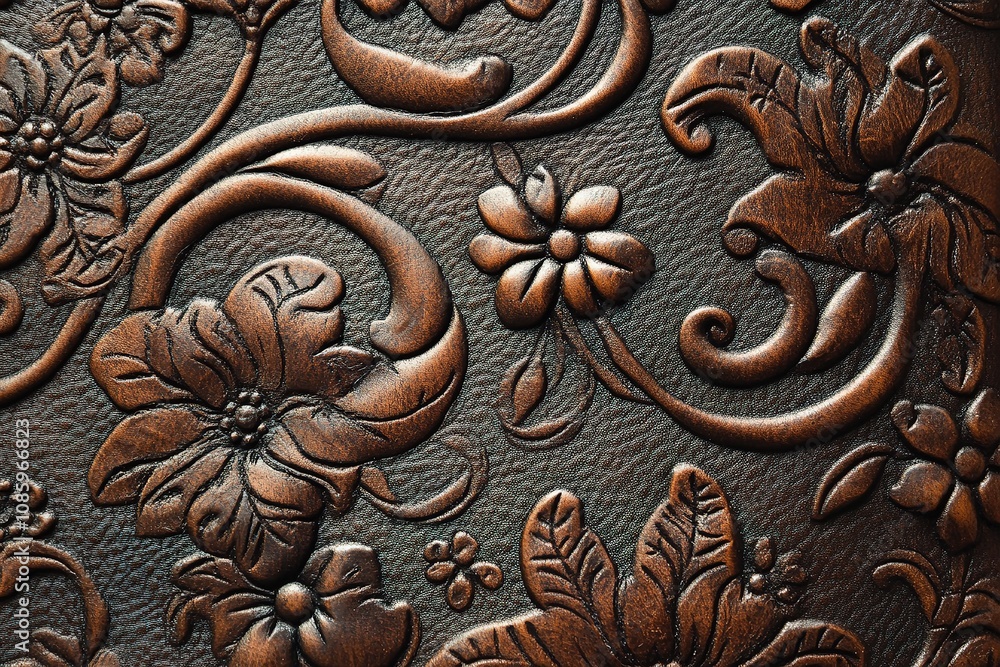 Brown embossed leather with floral pattern. Brown embossed leather with floral pattern.