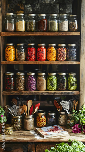 Wallpaper Mural A rustic shelf filled with colorful jars of preserved foods and kitchen utensils. Torontodigital.ca