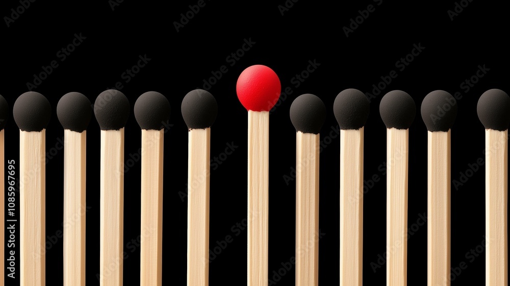 Unique red matchstick among black matches on black background Unique red matchstick among black matches on black background