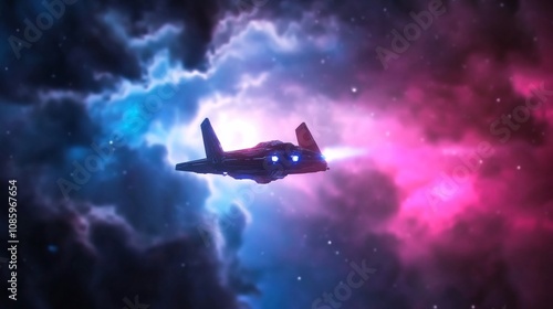 A futuristic spacecraft navigates through colorful cosmic clouds.