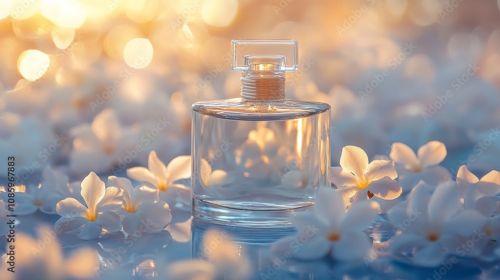 A bottle of perfume is placed on a table with flowers A bottle of perfume is placed on a table with flowers