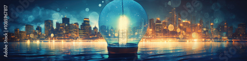 Creative Light Bulb Reflecting City Skyline in Night Glow photo