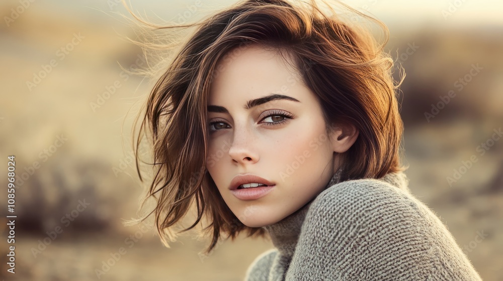 Natural Beauty in Soft Focus: Woman with Short Hair in Serene Desert Landscape Natural Beauty in Soft Focus: Woman with Short Hair in Serene Desert Landscape