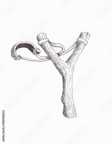 Pen and ink drawing of a slingshot