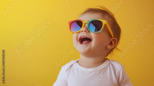 A joyful baby wearing colorful sunglasses against a bright yellow background.