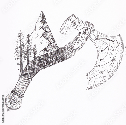 Pen and ink drawing of a viking axe with mountain and trees in the background 
