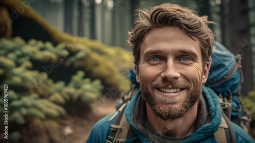 Joyful Hiker in the Forest: A close-up portrait of a cheerful male hiker with a backpack, smiling brightly while surrounded by the lush greenery of a forest.